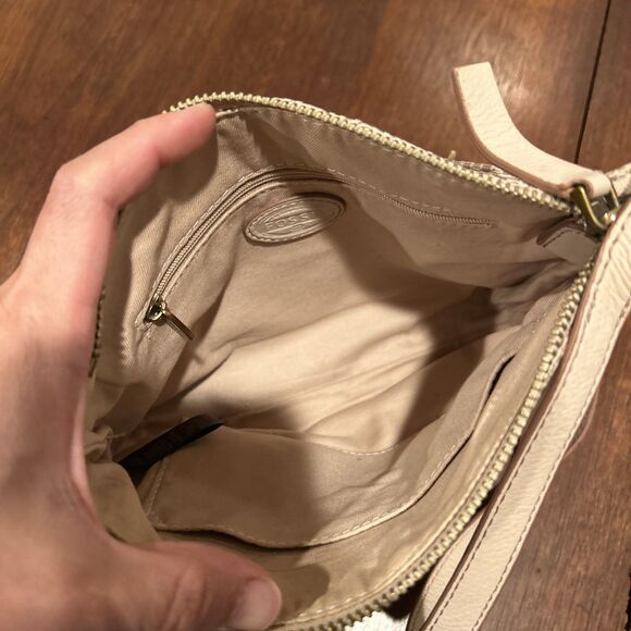 Fossil Leather Fabric Tan and Cream Crossbody Bag Zipped Pockets - Picture 10 of 16